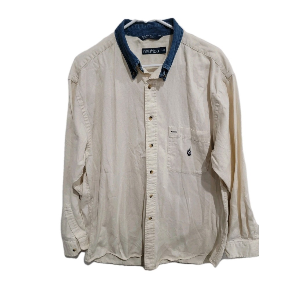 Nautica Vintage Men's Large Cream Button Down Shirt Denim Collar 100% Cotton L